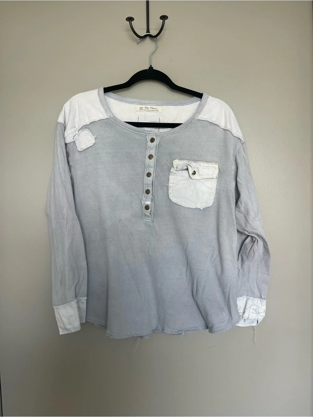 Free People Light Gray Henley with Pale Blue Stitching